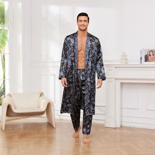 Men's Long Sleeve Pajama Set Satin Robe Comfy Pant Silky Summer Bathrobe Trendy Lounge Thin Pj Set2