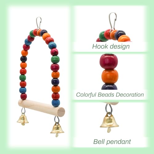 Image of WishLotus Bird Toy, Bird Swing Toy with Perch Stand and Bell, Natural Wooden Colorful Bird Toy for Small Sized Birds Budgie Parakeet Cockatiel Cockatoo (Colorful)
