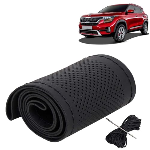 Image of KINGSWAY PU Leatherite Car Steering Cover Sewable Compatible with Kia Seltos (Year 2019-2023), Black Color with Black Thread, Pack of 1 with Sewing Needle and Thread
