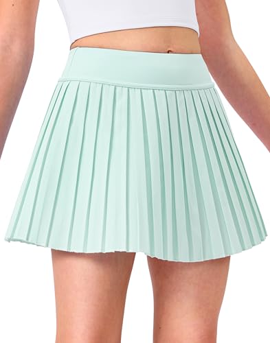 Lollgirl Girls Tennis Skirt with Shorts Pleated Athletic Skort with Pockets for Golf Running & School Uniform Skirt (Light Green 8-9 Years)