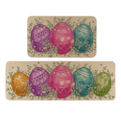Moutina Colorful Easter Eggs Easter Kitchen Rugs Set of 2, Spring Summer Home Decor Low-Profile Kitchen Mats for Floor - 17x29 and 17x47 Inch