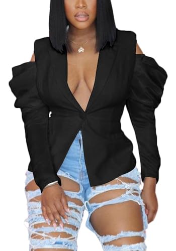 Women's Casual Puff Long Sleeve Blazers Sexy Off Shoulder Blazer Jacket Open Front Work Office Suit Jackets3