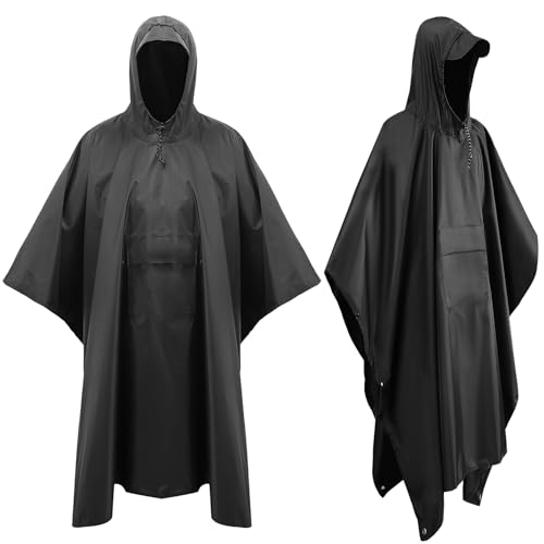 Gowkeey Chubasquero Poncho, NegroPoncho de Lluvia Impermeable Poncho Impermeable Multifuncional Poncho de Lluvia Reutilizable Unisex 3 en 1, para Acampar Senderismo Ciclismo Pesca Viajes