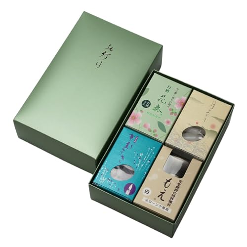 お灯りセット 4入 月あかり(太)8分 小箱 ・華むらさきミニ 小箱・花奏(線香)・燭台 もえ 贈答用 東海製蝋 300-62 日本製 JAPAN (白)