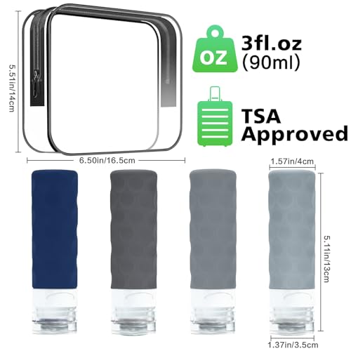Image of Silevoler Travel Bottles for Toiletries, 4pcs Tsa Approved 3oz Travel Size Containers, BPA Free Leak Proof Premium Silicone Bottles, Refillable Liquid Squeezable Accessories W /Toiletry Bag (Navy Blue)