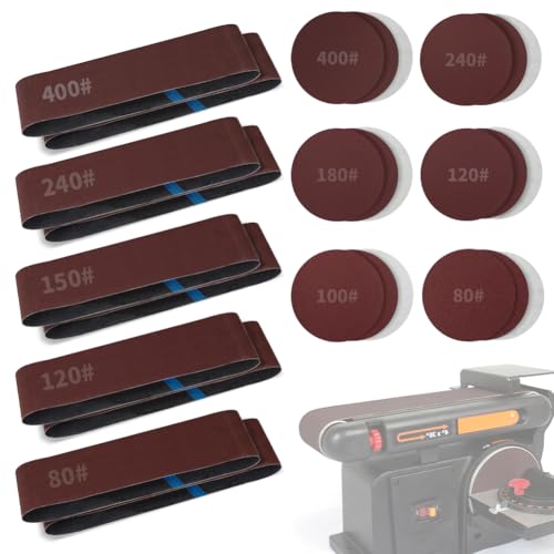 Sanding Belts & PSA Sanding Discs Set - 10 Pack 4x36 Inch Aluminum Oxide Belts (80/120/150/240/400 Grit) and 18 Pack 6-Inch Self-Adhesive Discs (80/100/120/180/240/400 Grit) for Wood, Metal Polishing