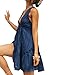 Young Women Summer Casual A-line Dress Solid Color Deep V-Neck Tie-Up Mini Backless Tank Halterneck Clothes (Navy Blue, L)