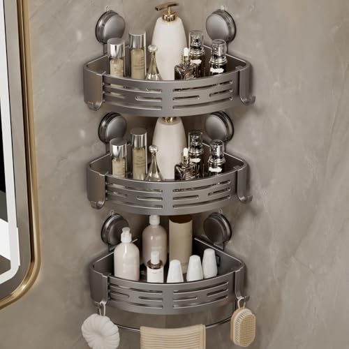 VOLPONE Corner Shower Shelf Suction Cup Shower Caddy Corner No Drilling Bathroom Shower Organizer Storage Rack Adhesive with Towel Bar (3-Pack Gray)