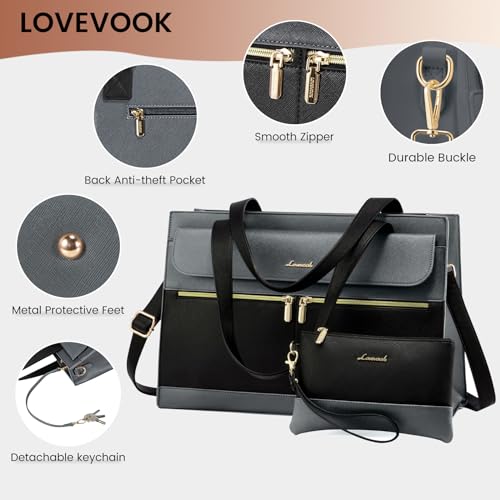 Image of LOVEVOOK Laptop Tote for Women - 15.6 Inch Professional Leather Computer Briefcase - Waterproof Shoulder Bag - Large Capacity Business Teacher Office Bag - Crossbody Purse