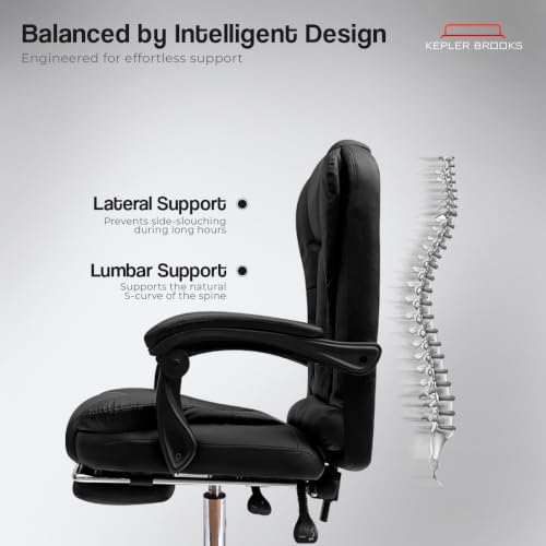 Image of Kepler Brooks Italia Mid Back Leatherette Office Chair for Work | 1-Year Warranty | Boss Chair for Office, Ergonomic Executive Chair, Cushioned Arms & Seat, Leg Rest, Heavy Duty Metal Base (Black)