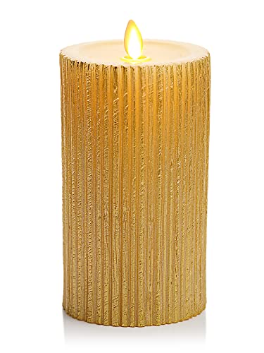 Image of Luminara Metallic Embossed Pillar, Champagne Flameless LED Candle 3.25 inch x 6.5 inch, Battery Operated Real Flame Technology w /Timer Function, Paraffin Wax