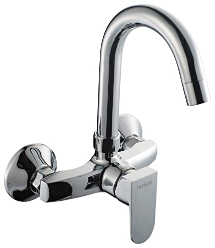 Image of Hindware Italian Collection F340027CP Elegance Hot and Cold Sink Mixer with Swivel Spout (Wall Mounted), Brass with Chrome Finish
