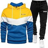YOSUWOAI Chándales de fitness de dos piezas para hombre, bloque de color, ropa deportiva de invierno, traje de deporte cálido, traje de 2 piezas con capucha y pantalones deportivos, corte holgado,