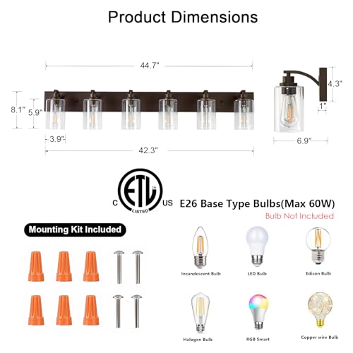 Image of 6-Light Bathroom Light Fixtures Modern ORB Vanity Lights | Easy to Install Clear Glass Shades, Wall Mount Up or Down, E26 Socket, Hardwired, 124V
