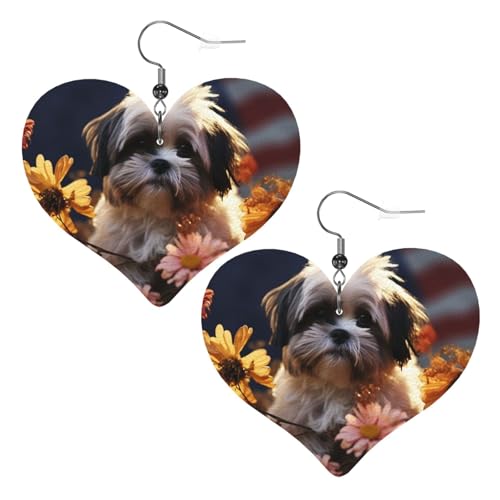 Shih Tzu Hunde- und Blumen-Leder-Ohrringe für Damen, Herz-Ohrringe, leicht, baumelnd, Schmuck, Geschenke