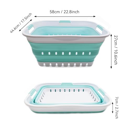 Image of SAMMART 42L (11 gallon) Collapsible Plastic Laundry Basket - Foldable Pop Up Storage Container /Organizer - Portable Basket - Space Saving Hamper /Basket (2, White /Lake Green)