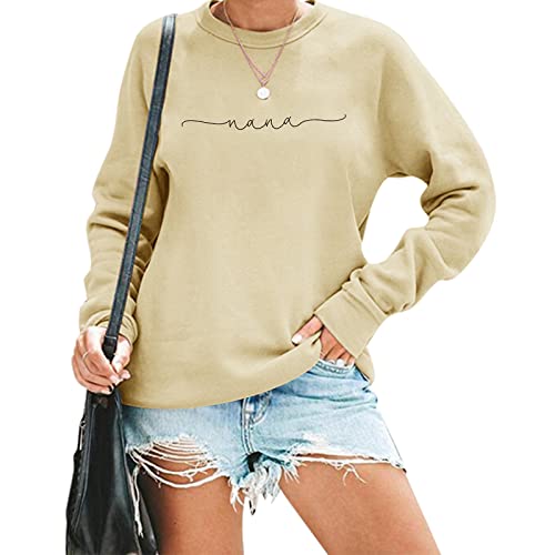 Lukycild Nana Sweatshirt Womens Crewneck Sweatshirt New Nana Gift Shirt Nana Letter Print Long Sleeve Loose Fashion Pullover Top Khaki cover