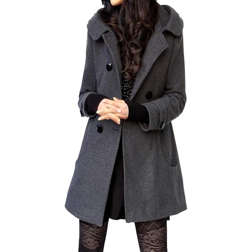 Winterjacke Damen Warm Damen Zweireihiger Woll Mischmantel Langer Peacoat Kapuze Mit Knopfverschluss