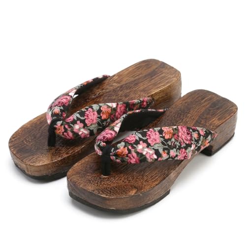 SU YING KE Women's Traditional Japanese Geta Sandals Wooden Clogs Flip Flops with Floral Fabric Straps for Kimono Yukata Cosplay Dress (7,Pink blossom)