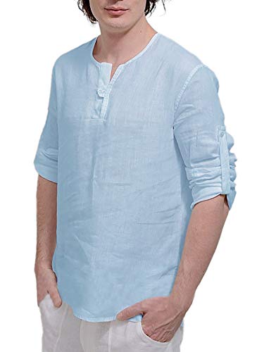 Hestenve Mens Long Sleeve Henley Shirt Cotton Linen Beach Yoga Loose Fit Henleys Tops Blue