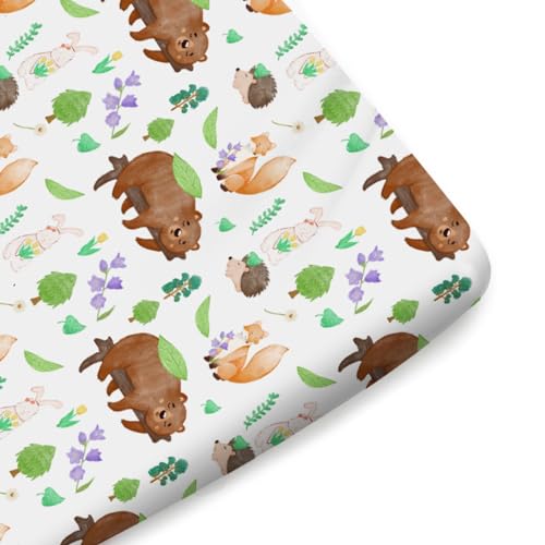 Image of Animals Trees Floral Spring Baby Crib Sheets for Boys Girls 52 inchx28 inch Cute Bear Bunny Hedgehog Fox Soft Breathable Unisex Baby Nursery Bed Sheets for Standard Crib and Toddler Mattresses
