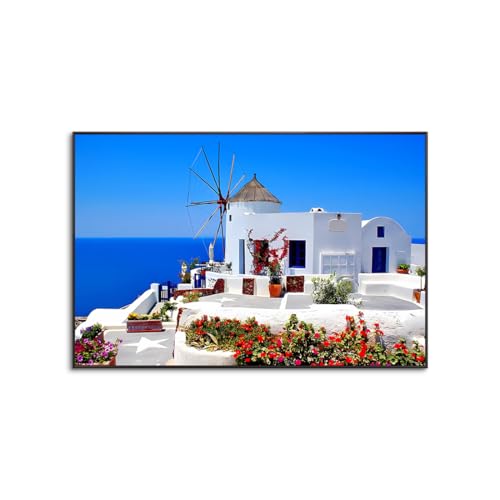 アートパネル北欧ギリシャサントリーニ島エーゲ海ビューポスター キャンバス絵画 自然風景 印刷絵画 写真 風景画 壁掛け絵画 現代 装飾画 インテリア アルミ合金枠きの完成品 (70x100cm(28x40in),A)