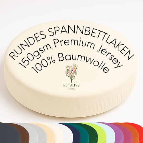 Strauss Home® Rundes Spannbetttuch Premium Jersey 100% Baumwolle für runde Boxspringbetten und Wasserbetten - runde Matratzen - Steghöhe bis 40cm (Creme/Natur)