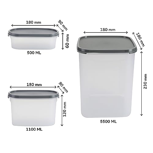 Image of KOLORR Modular Plastic Containers Set for Kitchen Storage Combo, Set of 4 (500ml x 1 / 1100ml x 2 / 5500ml x 1) | Dry Food Organizer | Air Tight Grocery Jar /Container | Food Grade | Transparent