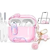 with Safety Lock for AirPods Pro 3 Case 2025,Clear Cases with Phone Stand & Cleaning Kit,Soft TPU Cover for Airpods Pro 3rd Generation Case,Cute Bling Keychain for Women Girls-Pink