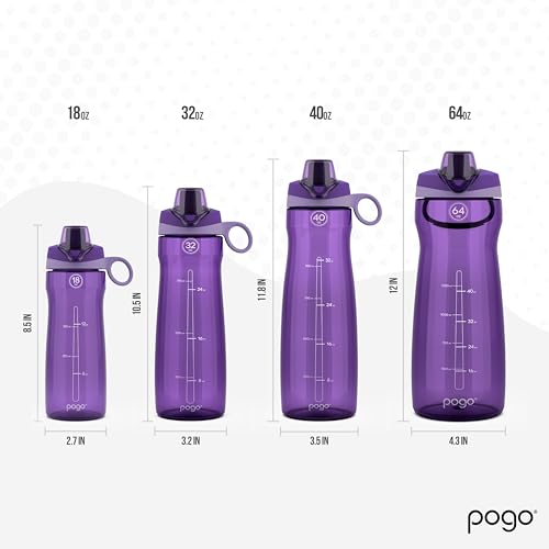 Image of Pogo 64oz Plastic Water Bottle with Leak-Proof Chug Lid and Carry Handle, Reusable, BPA Free, Capacity Markings, Dishwasher Safe, Perfect for Travel, School, Outdoors, and Gym, Purple