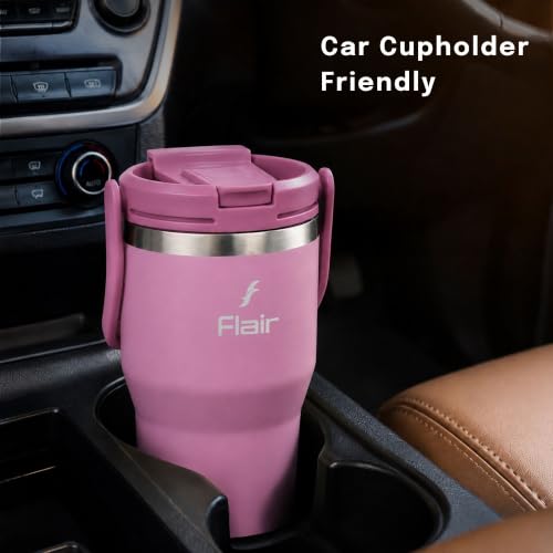 Image of FLAIR Rage Vacuum Insulated Coffee Tumbler 500 ml Pink | 2-in-1 Lid (Straw & Sip)| 304 Double Wall Stainless Steel | Leak-Proof Lid | Hot & Cold Travel Mug with Handle | BPA-Free