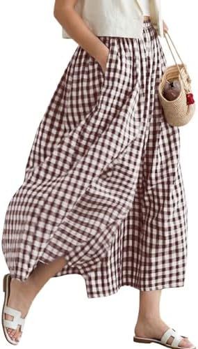 ELLEVEN Cotton Linen Elastic Waist Gingham Pants for Women