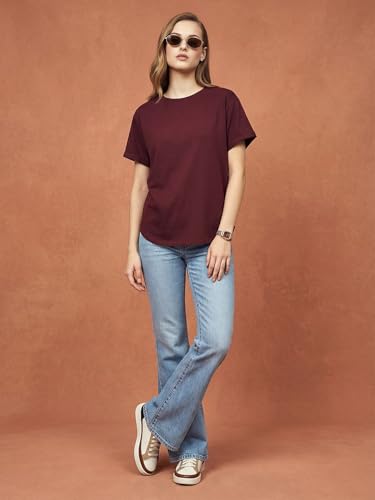 Image of JUNEBERRY Pure 100% Cotton Oversized Loose Fit Drop Shoulder Round Neck Boyfriend Fit Solid Half Sleeves T-Shirt for Women & Girls (Sizes: S to 2XL)