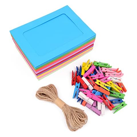ewtshop® 50 Stück Papier-Bilderrahmen, Bilderrahmen aus Pappe in 10 Farben + Schnur + bunte Miniwäscheklammern, Fotorahmen, DIY, Collage zum selbst gestalten Cover