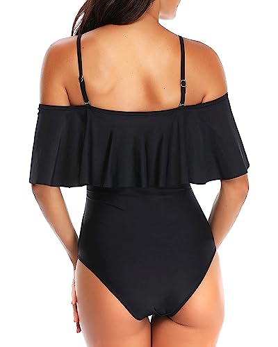 Tempt Me Women's Black Off Shoulder One Piece Swimsuits Flounce Ruffle Bathing Suits L #TOP1