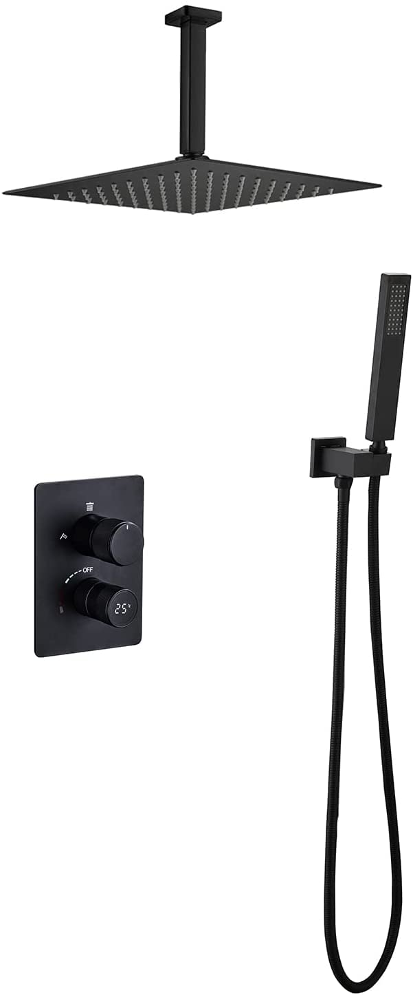 GLJTUO Shower Set Shower System Digital Display Shower Faucet Set Brass Concealed Shower Mixer Set with Hand Shower and 25 × 25 cm Rainfall Shower Head Advanced Air Injection Te