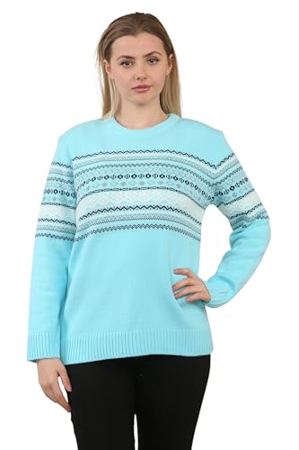 STAR FASHION Fair Isle Knitted Jumpers for Women's Long Sleeve Crew Neck Sweater with Winter Pattern Pullover Ladies Isle Inspired Patterns Warm Knitwear Jumper Top Turquoise-XL