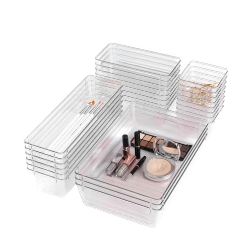 Wintem Set mit 25 transparenten Schubladen- und Schreibtischorganisatoren, stapelbar, aus robustem Kunststoff, ideal für Küche, Büro und Bad, leicht zu reinigen und modular für jeden Raum