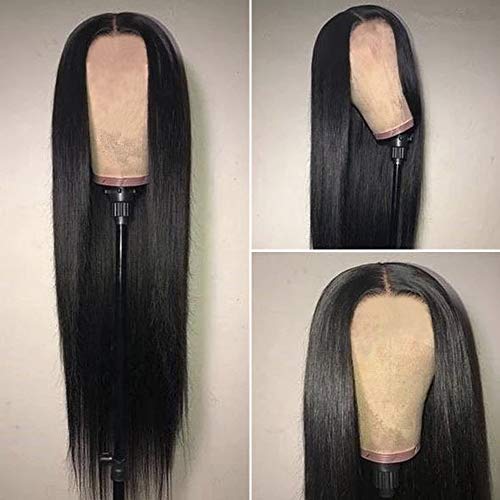 ANDRIA Black Straight Wigs Middle Part Silk Straight Hair Glueless Wigs for Black Women Synthetic Long Heat Resistant Fiber Natural Black Hair Wig Daily and Cosplay Wear For Women 24 Inch Wigs