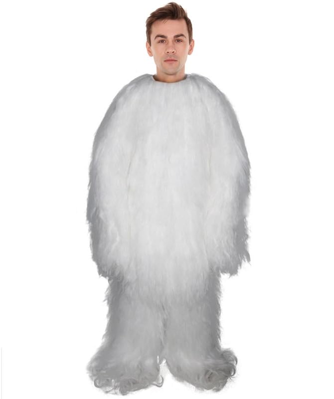 HPO Adult Unisex Long Hairy Warrior Ape Costume - Military Leader Fighter Vest & Pant | Halloween Yeti Gorilla Outfit, White - Large
