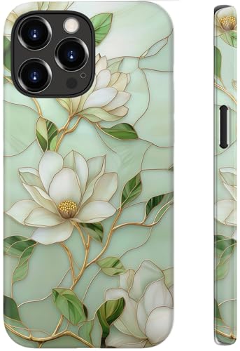 STARVIP for iPhone 14 Pro Max Case Cute - Wireless Charging Compatible - Dual-Layer Hard Shell + Silicone Cover - Aesthetic Protective Phone Case for Women - Vintage Magnolia Flowers