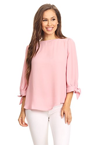 Via Jay Basic Casual Relaxed Loose 3/4 Sleeve Blouse Top (Dusty Pink, Large)
