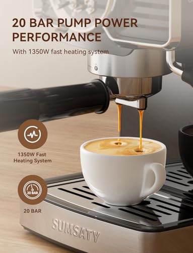 Image of SUMSATY 20 Bar Espresso Machine Retro with Powerful Milk Frother, Black | Visual Pressure Gauge Espresso Coffee Machine 1350W Fast Heating Home Barista for Cappucino Latte Maker, 61oz Water Tank