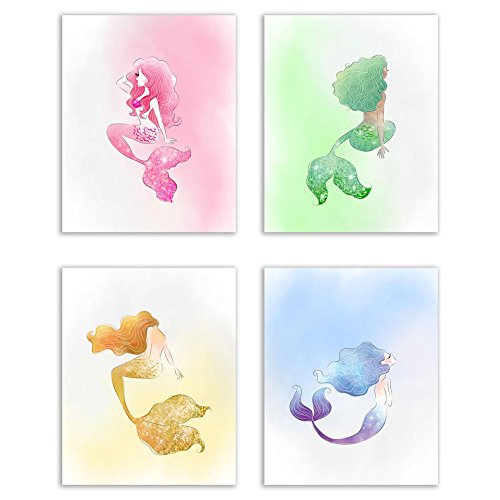 Mermaid Bathroom Wall Art Prints Set of 4 (8x10) Poster Photos Cute Adorable Bedroom