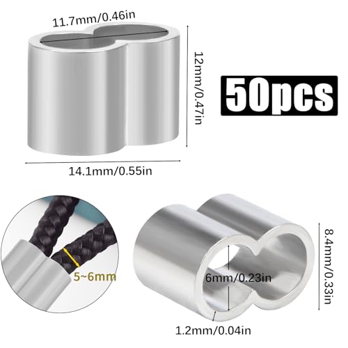 SWTYExt 6mm Wire Rope Crimping Sleeves Aluminum 50pcs Cable Crimps Sleeves Clip Wire Clamp Fittings for 5mm/6mm Wire Rope Bungee Cord Elastic String