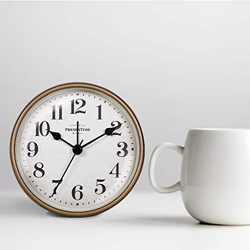 Presentime & Co 4" Vintage Tabletop Alarm Mantel Clock, Desk And Shelf Clock, Silent No Ticking, Rustic Grey Oak And Antique Gold Finish. Tabletop Décor, Home Décor, Farmhouse Décor. #TOP5