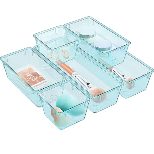 Image of WOWBOX 6 Pack Clear Drawer Organizer Set, Acrylic Drawer Storage Trays, Storage Bins for Makeup, Cosmetics, Jewelries, Utensils, Gadgets, Office, Sea Blue