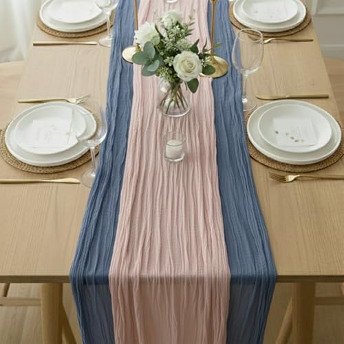 Avolander Cheesecloth Table Runner 2 Pack Dusty Pink and Dusty Blue, Boho Gauze Table Runner 10Ft 120 Inches Long for Wedding Decor, Party & Home Table Decoration