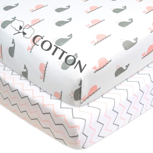 Image of American Baby Company 2 Pack 100% Natural Cotton Fitted Pack and Play Sheets 39 inch x 27 inch - Soft & Breathable Pack N Play Sheets for Playard & Mini Crib Mattress, Pink Whale /Zigzag, for Boys & Girls