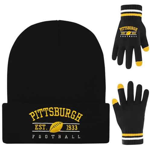 Winter Embroidered Soft Beanie Football Knit Hat With Warm Touch Screen Gloves - Game Day Gifts For Men Women And Fans